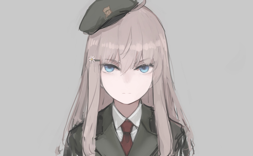 1girl beretta_model_38_(girls_frontline) blue_eyes brown_hair closed_mouth collared_shirt flower girls_frontline green_headwear green_jacket grey_background hair_flower hair_ornament hairclip hat highres jacket long_hair looking_at_viewer necktie portrait rampart1028 red_neckwear shirt simple_background solo white_shirt