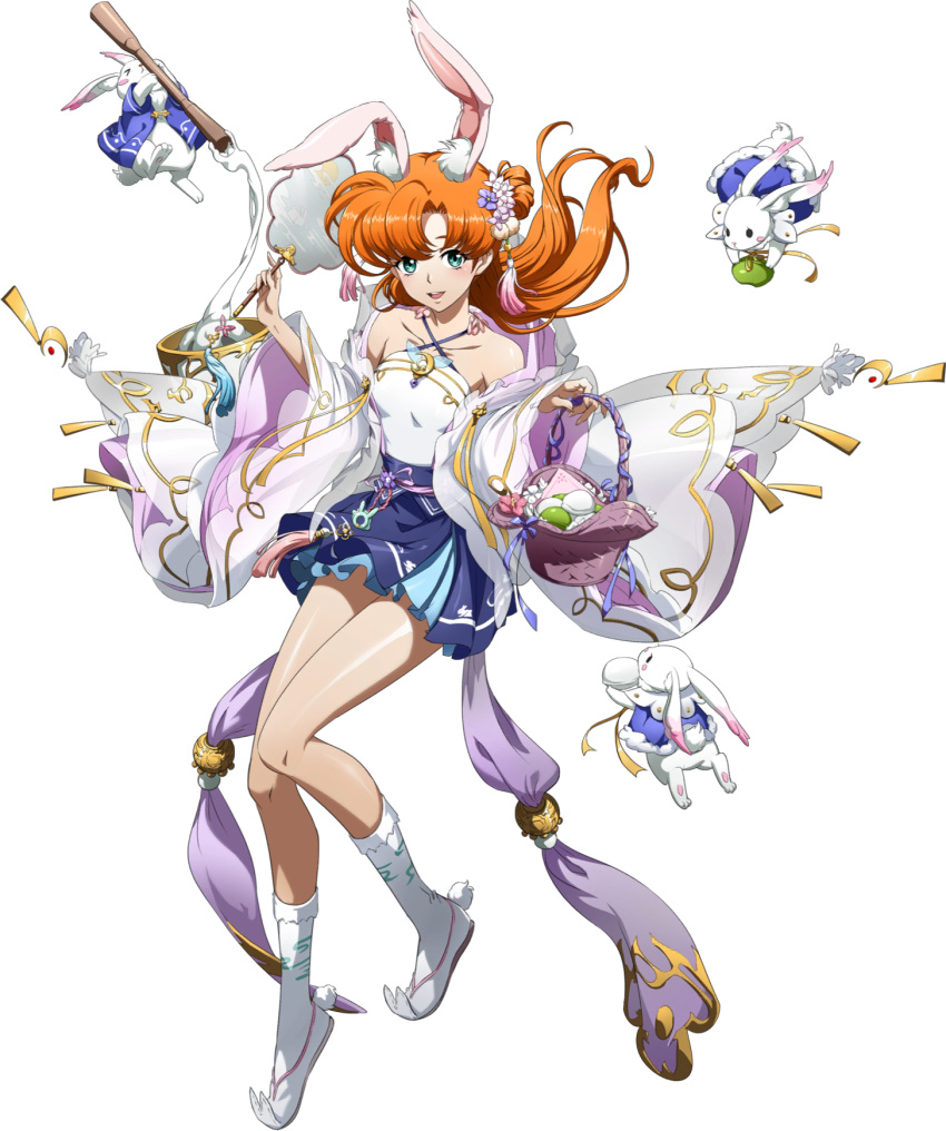 1girl :d animal_ear_fluff animal_ears bare_legs bare_shoulders basket blue_eyes blue_skirt collarbone criss-cross_halter floating_hair full_body hair_intakes halterneck highres holding holding_basket langrisser langrisser_iii layered_skirt long_hair miniskirt official_art orange_hair pleated_skirt rabbit_ears shiny shiny_hair shiny_skin shirt skirt sleeveless sleeveless_shirt smile solo stuffed_animal stuffed_bunny stuffed_toy tiaris_(langrisser) transparent_background white_legwear white_shirt