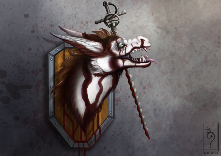 award blood bodily_fluids dragon feral fur gore hair hi_res katruna94 melee_weapon open_mouth portrait shield simple_background solo sunny_way_(character) sword tongue trophy weapon