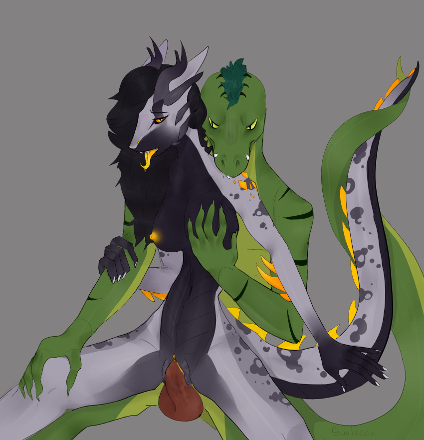 absurd_res anonymous_artist breasts dragon duo entwined_tails female hand_on_arm hand_on_breast hand_on_thigh hi_res lizardman male male/female penetration reptile scalie sex tail_coil tongue tongue_out vi