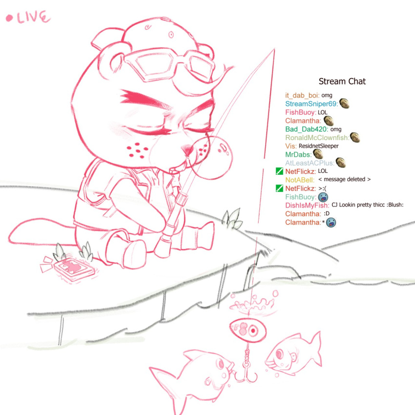 1:1 animal_crossing anthro backwards_baseball_cap baseball_cap beaver bodily_fluids bubble c.j._(animal_crossing) cellphone chat_box chibi clothing daigoro_(artist) english_text eyewear fish fishing fishing_rod freckles hat headgear headwear hi_res male mammal marine nintendo pawpads phone rodent sleeping smartphone snot snot_bubble solo sunglasses text video_games