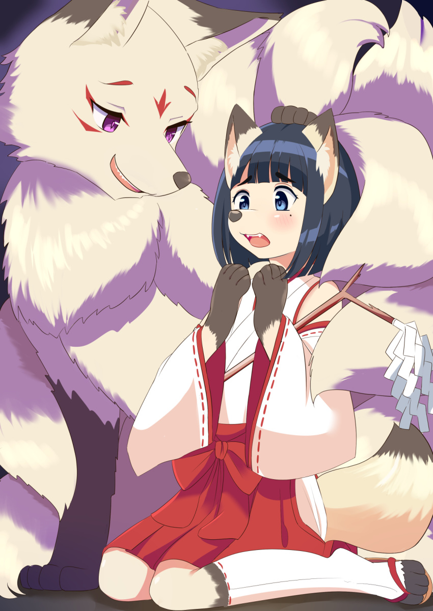 ambiguous_gender anthro asian_clothing asian_mythology black_body black_fur black_hair blue_eyes canid canine clothed clothing dipstick_ears dipstick_limbs dipstick_tail duo east_asian_clothing east_asian_mythology female feral flat_chested fox fox_spirit fur hair hi_res human_to_anthro japanese_clothing japanese_mythology kneeling mammal markings miko_outfit multicolored_body multicolored_ears multicolored_fur multicolored_tail mythology purple_eyes red_clothing red_markings roina shide smile species_transformation transformation two_tone_body two_tone_fur white_body white_clothing white_fur yōkai