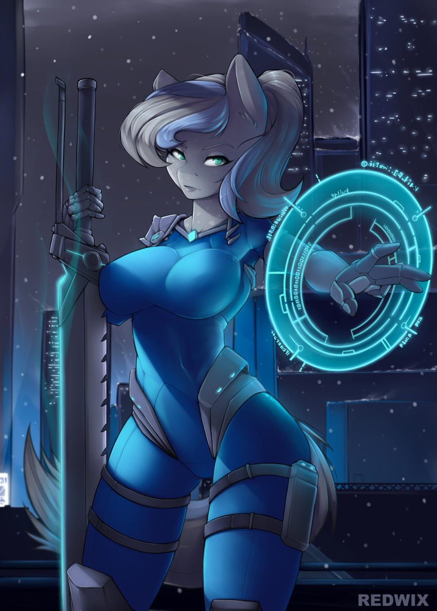 absurd_res anthro big_breasts breasts equid equine female green_eyes grey_body hi_res horse mammal melee_weapon my_little_pony night pony redwix skin_suit solo star sword weapon wide_hips