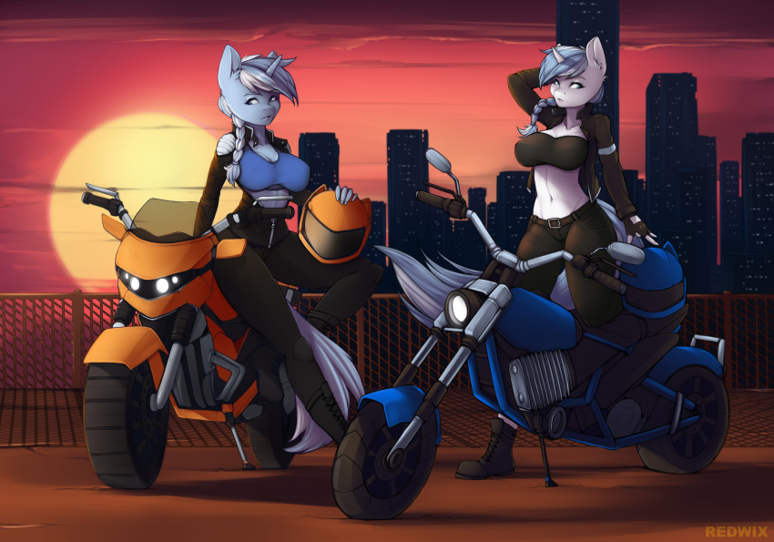 absurd_res anthro armor big_breasts blue_body blue_hair breasts city cleavage clothed clothing equid female hair headgear helmet hi_res horn looking_at_viewer mammal motorcycle my_little_pony redwix sitting sunset unicorn vehicle