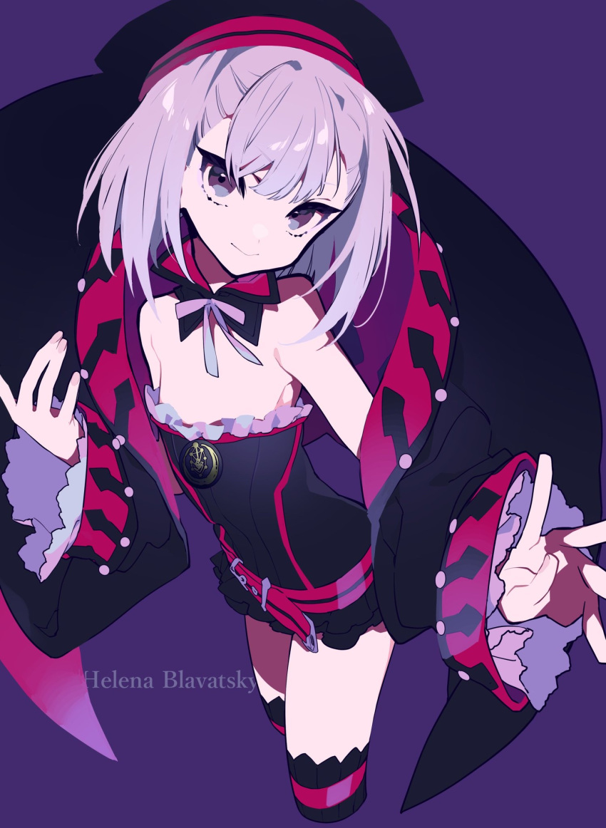 1girl bangs bare_shoulders black_coat black_headwear breasts coat detached_collar dress fate/grand_order fate_(series) helena_blavatsky_(fate/grand_order) highres long_sleeves looking_at_viewer mochizuki_kei open_clothes open_coat purple_eyes purple_hair short_hair simple_background small_breasts smile solo strapless strapless_dress