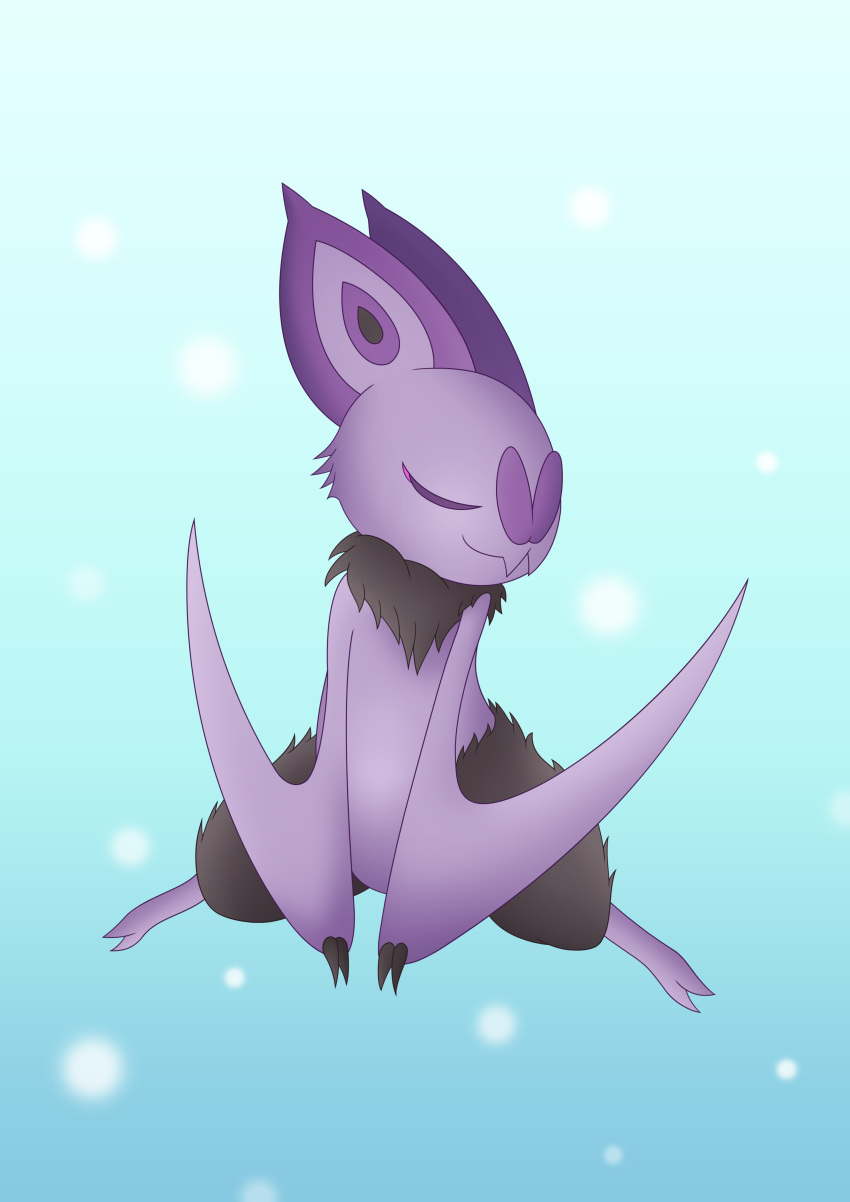 absurd_res anthro baku black_body black_fur chiropteran female feral fur hair hi_res mammal nintendo noibat pok&eacute;mon pok&eacute;mon_(species) purple_hair simple_background sitting smile solo video_games