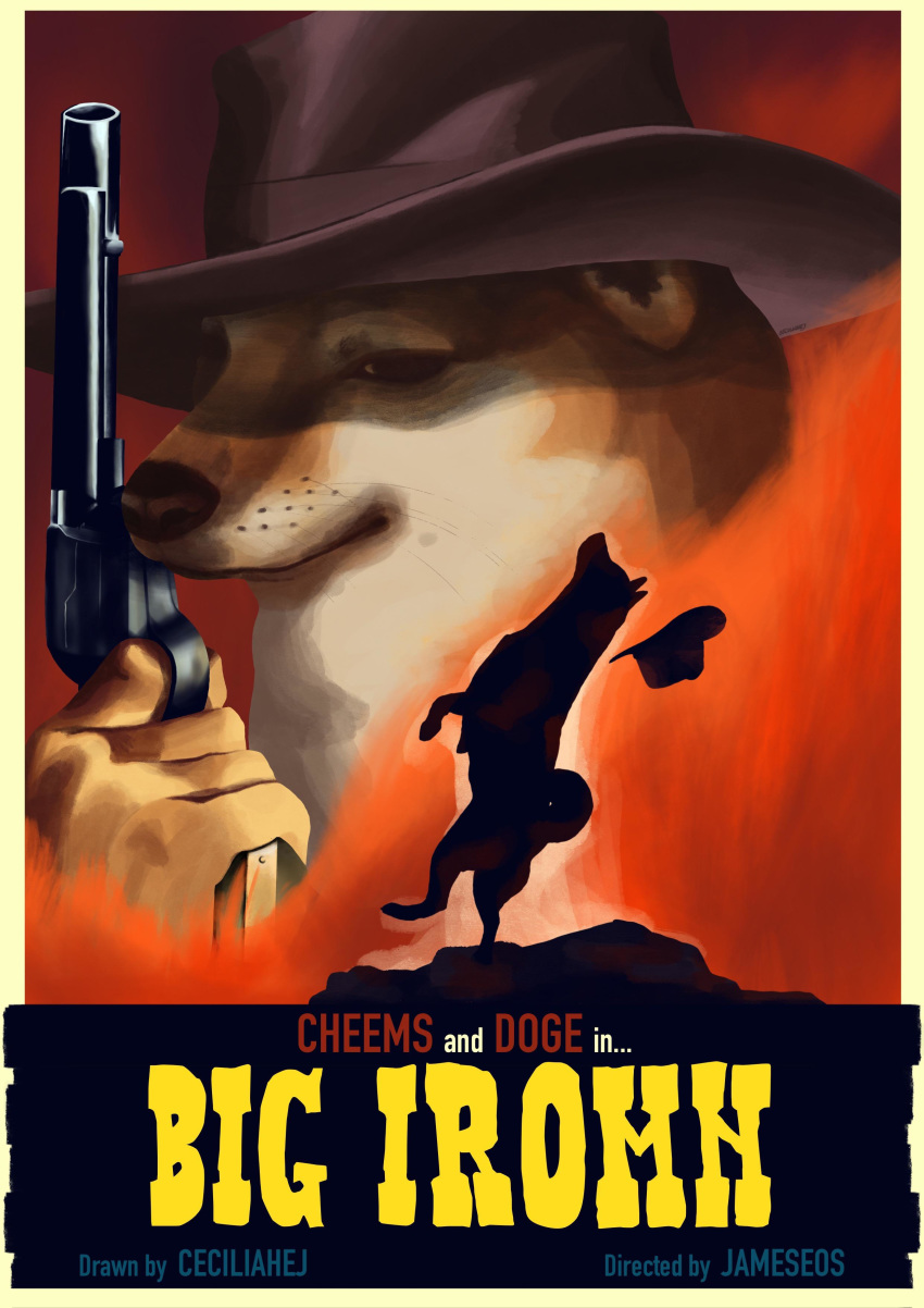 2020 absurd_res canid canine canis ceciliahej cheems clothing cowboy_hat doge dogelore domestic_dog duo english_text feral gun handgun hat headgear headwear hi_res humor male mammal meme nude outside parody poster ranged_weapon revolver shiba_inu spitz text weapon western