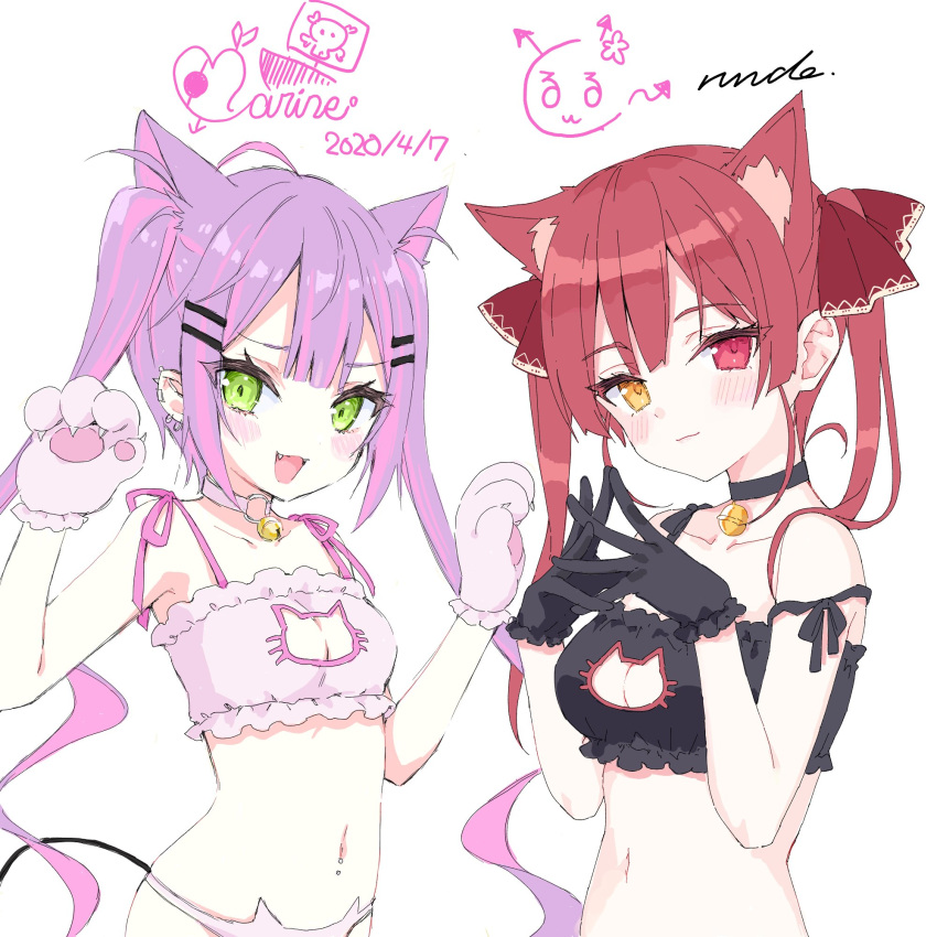 2girls animal_ears bangs banned_artist bell bell_choker bell_collar black_bra blush bra breasts cat_cutout cat_ear_panties cat_ears cat_lingerie choker cleavage_cutout collaboration collar demon_tail frilled_bra frills green_eyes hair_ornament hairclip heterochromia highres hololive houshou_marine houshou_marine_(artist) jingle_bell lingerie long_hair looking_at_viewer meme_attire multiple_girls open_mouth panties purple_hair red_eyes red_hair rurudo simple_background smile tail tokoyami_towa twintails underwear underwear_only virtual_youtuber yellow_eyes