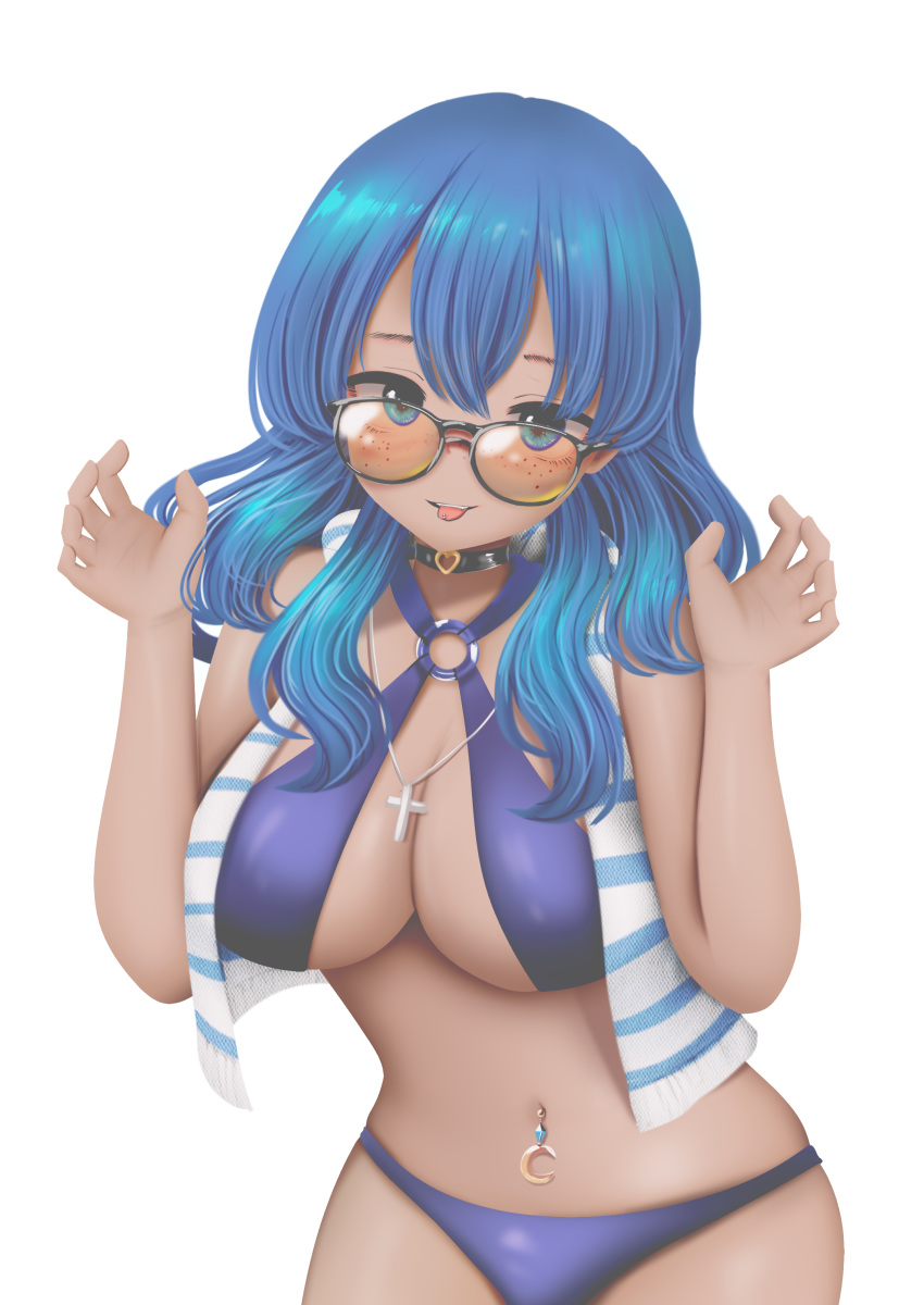 1girl absurdres aqua_hair bikini black_choker blue_bikini blue_eyes blue_hair blue_hoodie breasts choker cleavage commission commissioner_upload crescent cross cross_necklace eyebrows fangs freckles hair_between_eyes halter_top halterneck heart heart_choker highres hood hoodie jewelry kirimatsu large_breasts long_hair messy_hair multicolored_hair multicolored_hoodie navel navel_piercing necklace o-ring o-ring_bikini o-ring_top original parted_lips piercing sleeveless sleeveless_hoodie smile solo striped_hoodie sunglasses swimsuit tan tongue tongue_out tongue_piercing transparent_background two-tone_hair upper_teeth wavy_hair white_hoodie