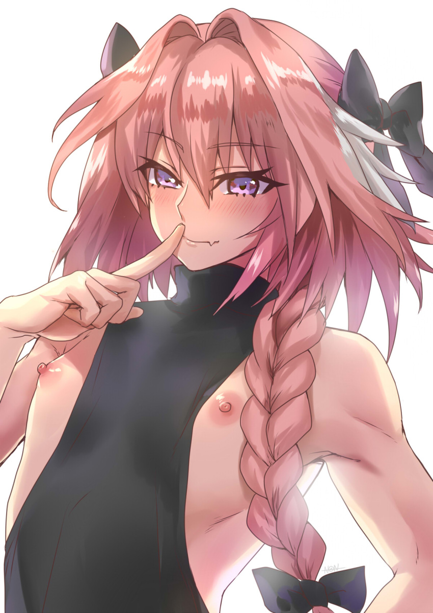 1boy astolfo_(fate) bare_shoulders bow braid eyebrows_visible_through_hair fang fang_out fate/apocrypha fate_(series) hair_between_eyes hair_bow highres long_hair looking_at_viewer male_focus nipples non_(nonzile) otoko_no_ko pink_hair purple_eyes revision simple_background smile solo white_background