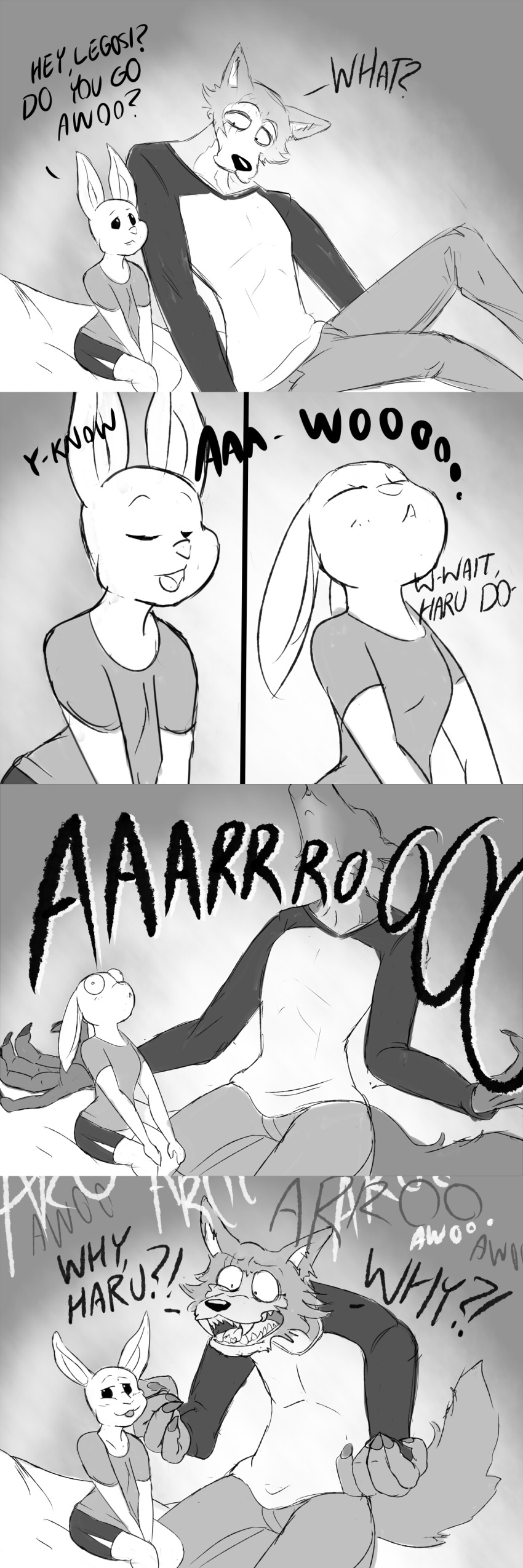 1:3 2020 ? ?! absurd_res anthro awoo beastars bottomwear canid canine canis cheek_tuft clothed clothing dialogue duo ears_down english_text eyes_closed eyes_popping_out facial_tuft fangs female fully_clothed fur haru_(beastars) hi_res howl lagomorph legoshi_(beastars) leporid male mammal monochrome pivoted_ears rabbit sharp_teeth shorts sitting teeth text tongue tongue_out tuft ultimatez wolf