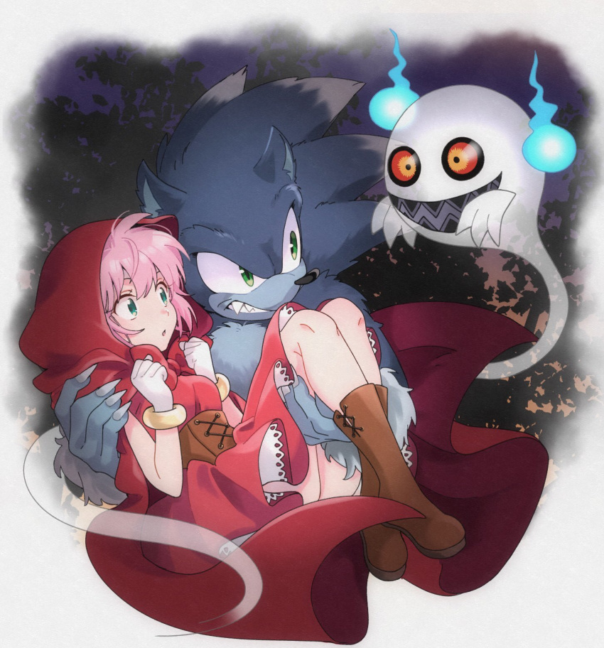 2019 alternate_species amy_rose anthro blue_body blue_fur boo_(sonic) boots bridal_carry cape carrying claws clothing digital_media_(artwork) dress duo eulipotyphlan female footwear fur ghost green_eyes halloween hi_res holidays human humanized kohane01 little_red_riding_hood little_red_riding_hood_(copyright) male mammal red_clothing red_dress sharp_teeth sonic_the_hedgehog_(series) sonic_the_werehog sonic_unleashed spirit teeth were wereeulipotyphlan werehog yellow_eyes