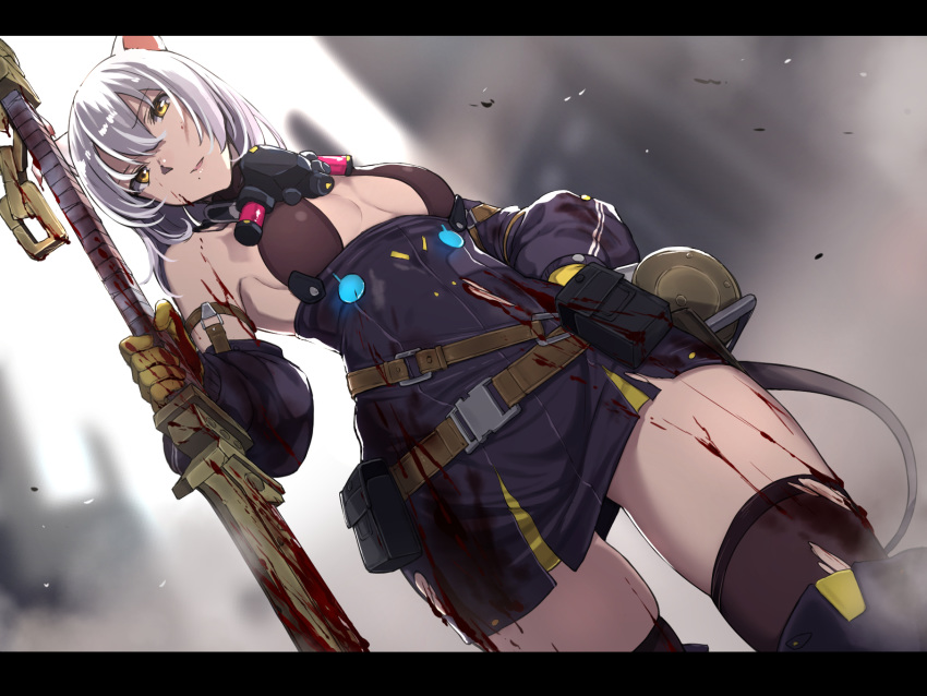 1girl animal_ears arknights blood blood_splatter breasts brown_legwear cleavage dutch_angle highres holding holding_sword holding_weapon mouse_ears mouse_tail sblack scavenger_(arknights) sideboob silver_hair small_breasts solo sword tail thighhighs weapon white_background yellow_eyes