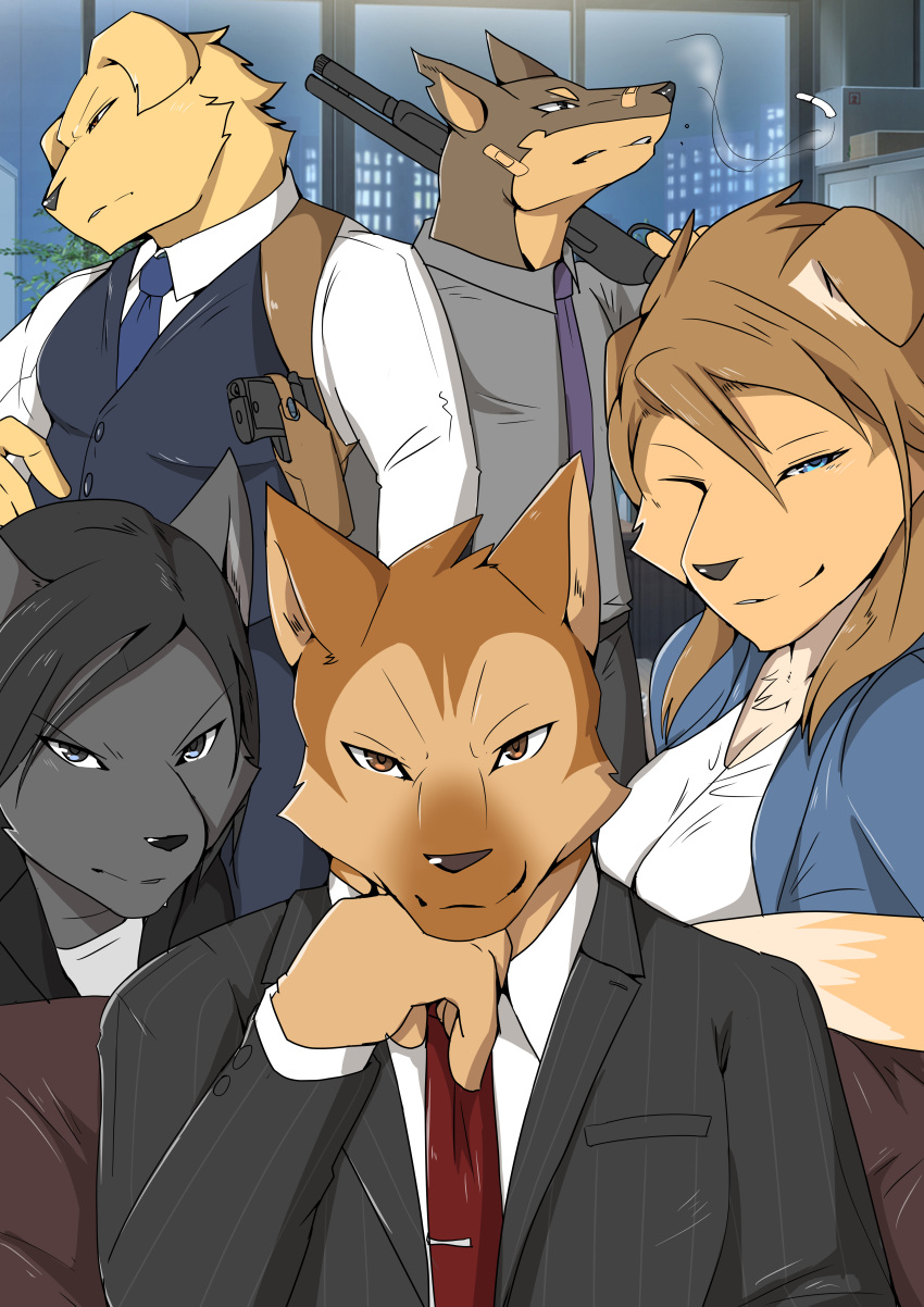 absurd_res alternate_version_at_source anthro blue_clothing blue_necktie blue_topwear boneless_hamham canid canine canis cigarette clothed clothing dobermann domestic_dog female fur grey_body grey_clothing grey_ears grey_fur grey_topwear group gun hair hi_res male mammal notched_ear one_eye_closed pinscher purple_necktie ranged_weapon red_necktie shotgun smile topwear weapon weapon_on_shoulder white_clothing white_topwear