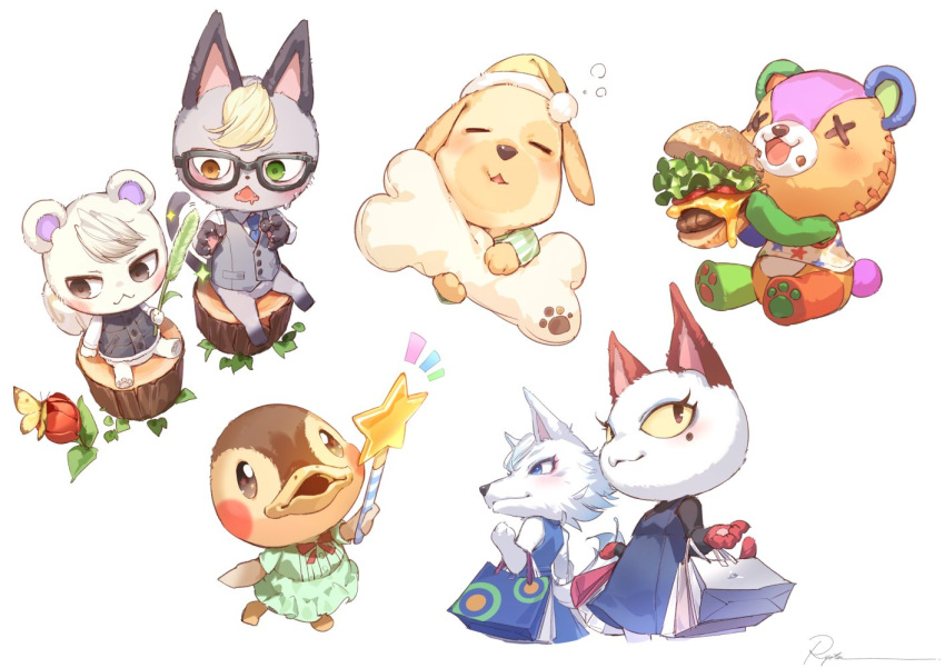 anatid animal_crossing anseriform anthro avian bird blonde_hair bone burger canid canine canis chibi clothing domestic_cat duck eating eyewear felid feline felis female food fur glasses goldie_(animal_crossing) grey_body grey_fur group hair male mammal marshal_(animal_crossing) necktie nintendo pillow plushie raymond_(animal_crossing) rodent ry_o_ta sciurid sleeping stitches_(animal_crossing) topwear vest video_games white_body white_fur whitney_(animal_crossing) wolf yellow_body yellow_fur