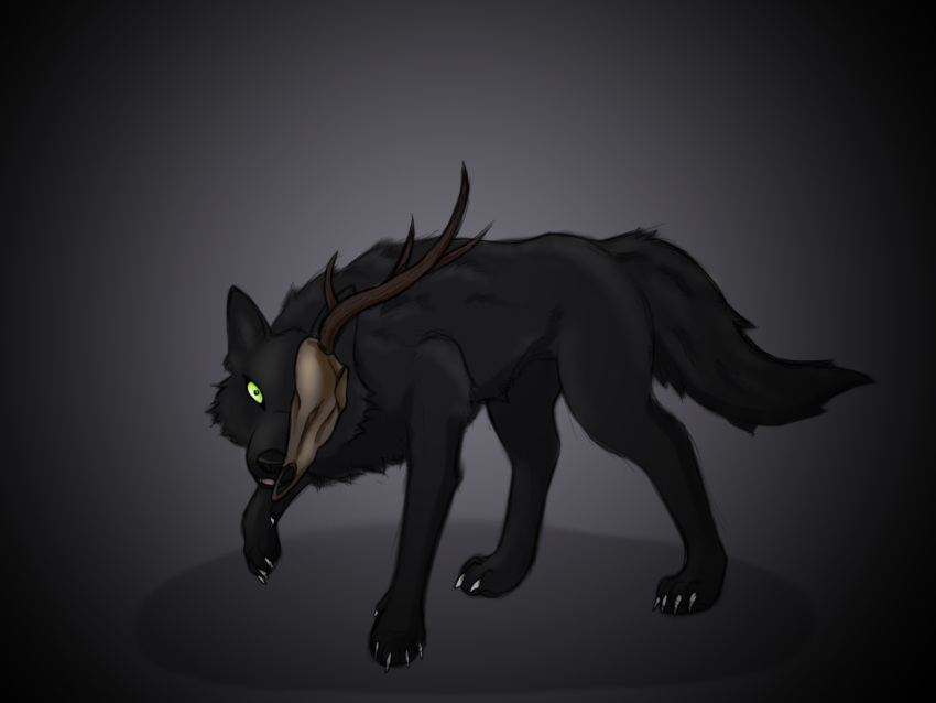4:3 ambiguous_gender american_mythology antlers black_body black_fur canid canine canis feral fur green_eyes hi_res horn indigenous_north_american_mythology looking_at_viewer mammal mythology north_american_mythology palemoonwendigo solo wendigo wolf
