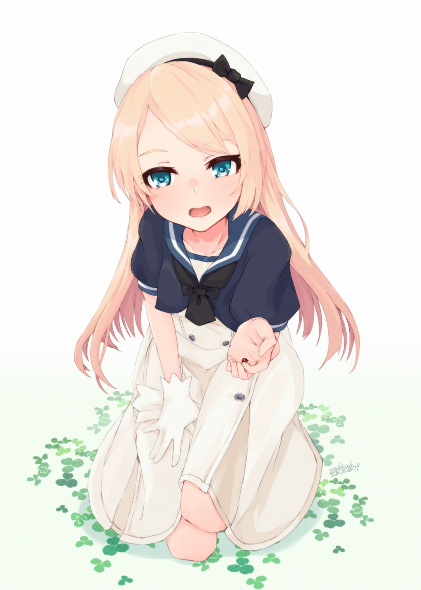 1girl alakoala blonde_hair blue_eyes blue_sailor_collar bug clover_(flower) dress flower gloves gradient gradient_background green_background hat highres insect jervis_(kantai_collection) kantai_collection ladybug open_mouth sailor_collar sailor_dress sailor_hat white_dress white_gloves white_headwear