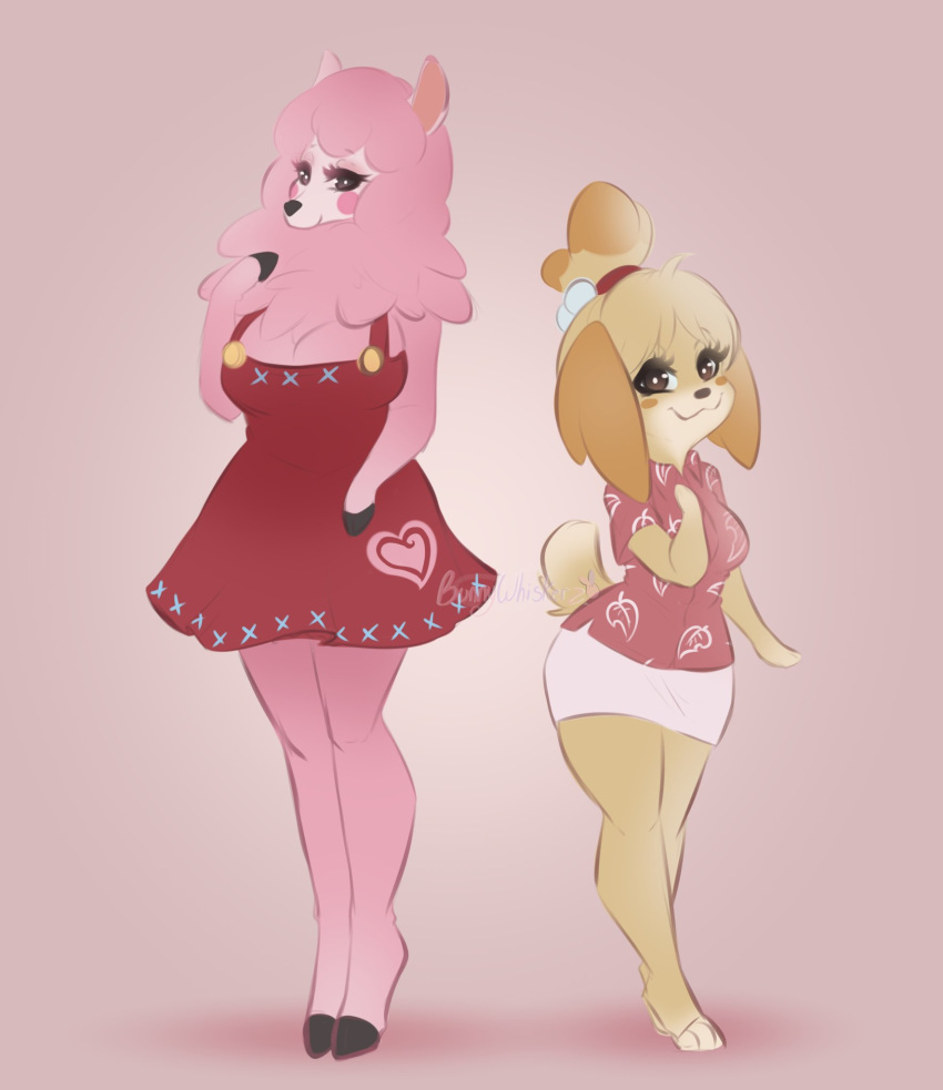 animal_crossing anthro big_breasts blush blush_stickers bottomwear bovid breasts bunnywhiskerz canid canine canis caprine cleavage clothed clothing domestic_dog duo female hi_res isabelle_(animal_crossing) larger_female mammal nintendo reese_(animal_crossing) sheep size_difference skirt smaller_female video_games wide_hips
