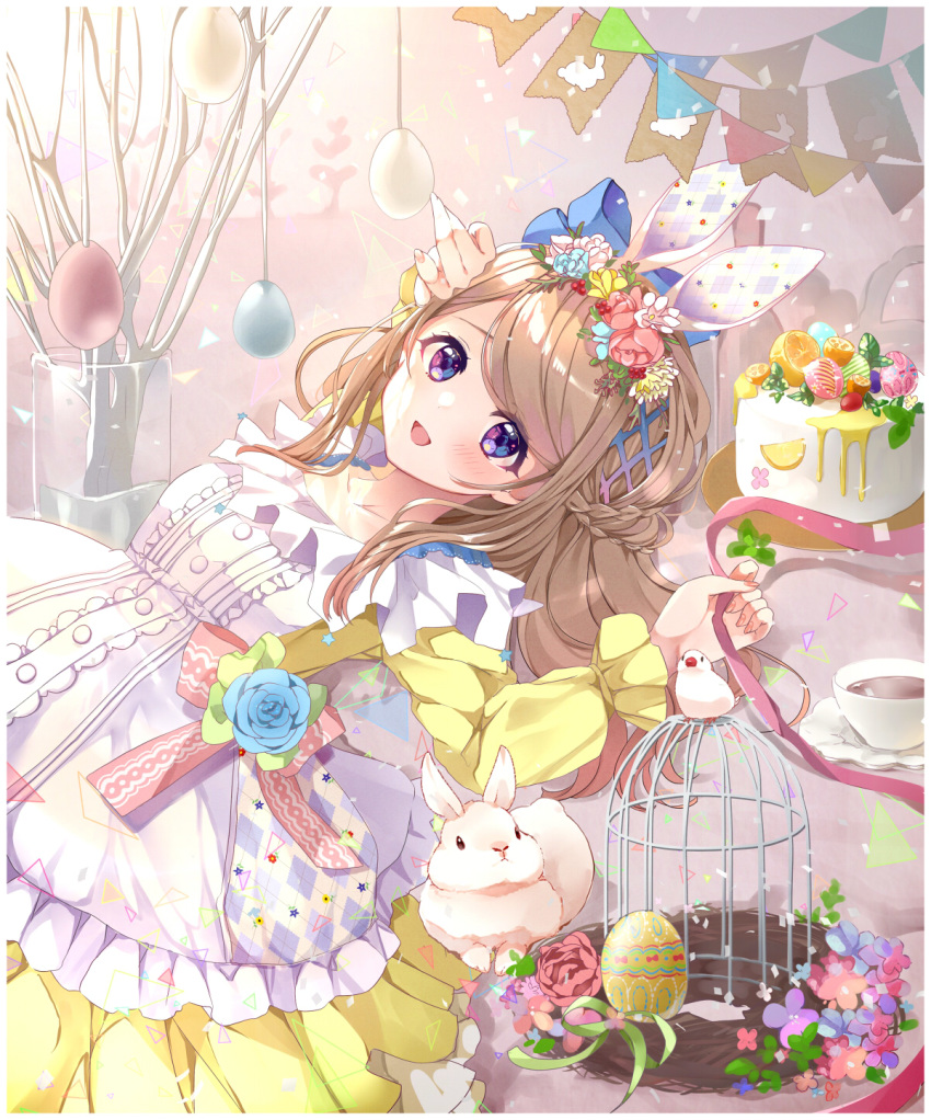 1girl :d animal_ears apron arm_up bangs bird birdcage blue_flower blue_rose braid brown_hair bunny cage cake commentary_request cup dress easter easter_egg egg fake_animal_ears fingernails flower food french_braid fruit gradient gradient_background hair_flower hair_ornament hairband hand_on_own_head highres holding holding_ribbon lemon lolita_hairband long_hair long_sleeves looking_at_viewer lying on_back open_mouth original partial_commentary petticoat pink_background pink_flower pink_rose puracotte purple_eyes ribbon rose saucer smile streamers swept_bangs teacup tree_branch vase very_long_hair yellow_dress