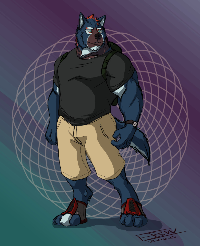 absurd_res anthro backpack blue_body blue_fur bottomwear canid canine canis clock clothing detailed_background explorer footwear fullbodywolf fur hair hi_res hiker male mammal markings muscular muscular_male orange_hair pose shirt shoes shorts solo standing topwear watch wolf ypsilon