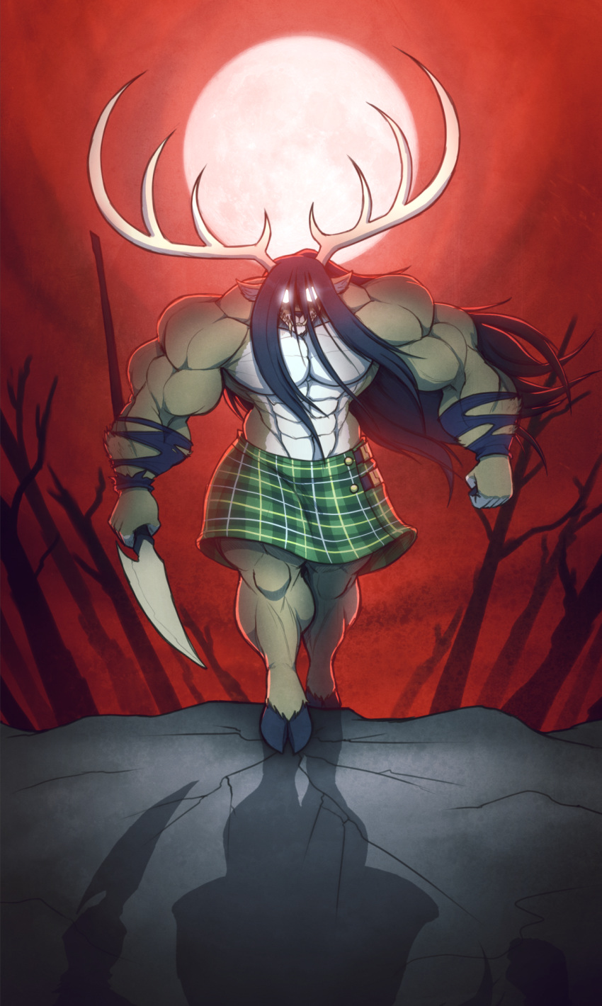 2020 anthro antlers big_muscles bottomwear cervid clothing full_moon glowing glowing_eyes hi_res horn huge_muscles looking_at_viewer male mammal moon muscular red_sky skirt sky solo thorstone tree weapon