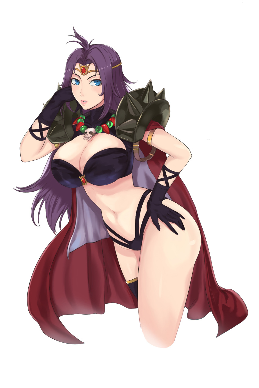 1girl absurdres alex_(nobodybutalex) armlet bikini black_bikini black_gloves black_legwear black_shirt blue_eyes breasts cape circlet cleavage cleavage_cutout cropped_legs earrings gem gloves hand_on_hip highres jewelry large_breasts long_hair looking_at_viewer multi-strapped_bikini naga_the_serpent navel parted_lips pink_lips purple_hair red_cape revealing_clothes shirt shoulder_armor single_thighhigh slayers solo spikes stomach swimsuit thighhighs turtleneck very_long_hair white_background
