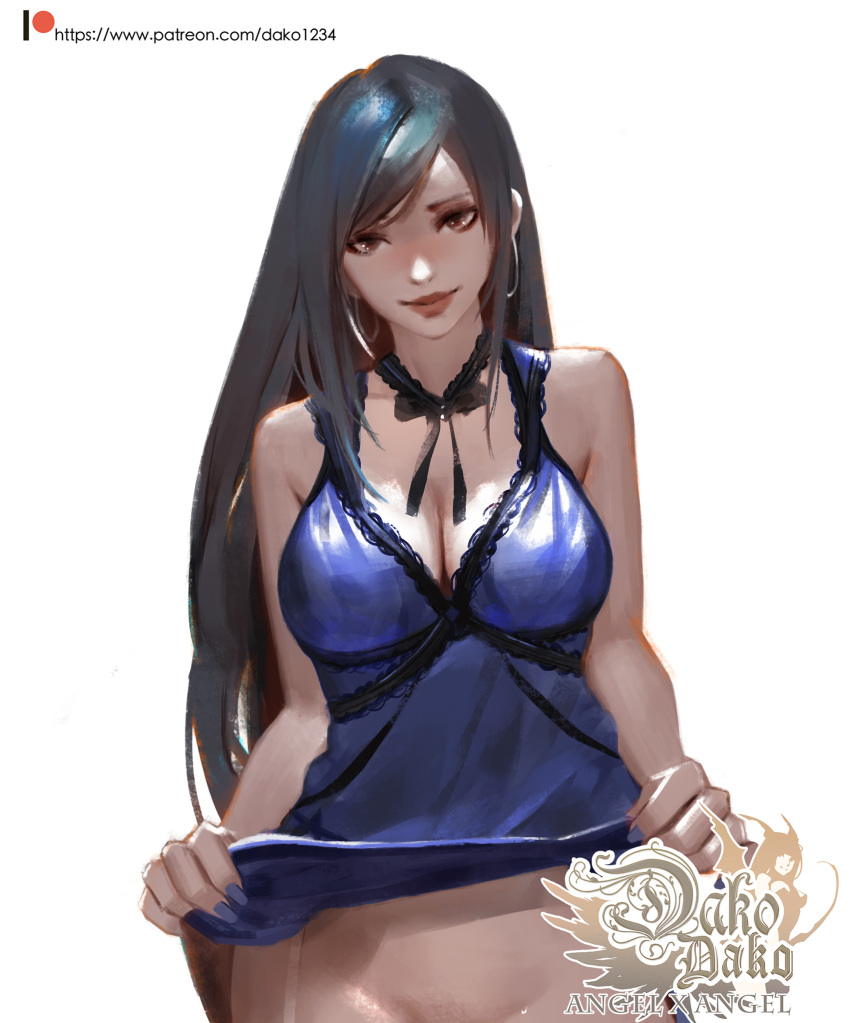 1girl bottomless bow breasts cleavage collarbone dako6995 earrings english_text final_fantasy final_fantasy_vii garter_straps garters highres hoop_earrings jewelry large_breasts long_hair looking_at_viewer necklace simple_background skirt smile solo talking tifa_lockhart underwear white_background