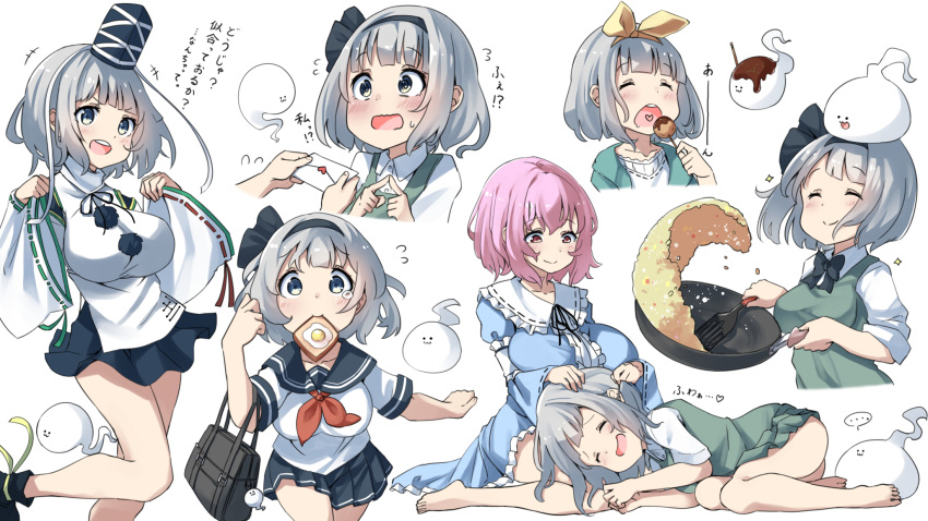 +++ ... 2girls bag blue_dress blush bow bowtie breasts closed_eyes commentary_request cooking cosplay detached_sleeves dress ear_cleaning envelope flipping_food flying_sweatdrops food food_in_mouth fried_egg fried_rice grey_eyes hairband hat heart heart_in_mouth highres holding_envelope japanese_clothes kariginu konpaku_youmu konpaku_youmu_(ghost) lap_pillow love_letter mimikaki miniskirt mononobe_no_futo mononobe_no_futo_(cosplay) mouth_hold multiple_girls multiple_views neckerchief open_mouth pegashi petting pink_eyes pink_hair pleated_skirt pom_pom_(clothes) red_neckwear saigyouji_yuyuko school_bag school_uniform short_hair silver_hair simple_background sitting skirt smile spatula spoken_ellipsis takoyaki tate_eboshi tears toast toast_in_mouth touhou translation_request upper_teeth white_background white_serafuku wok yellow_hairband