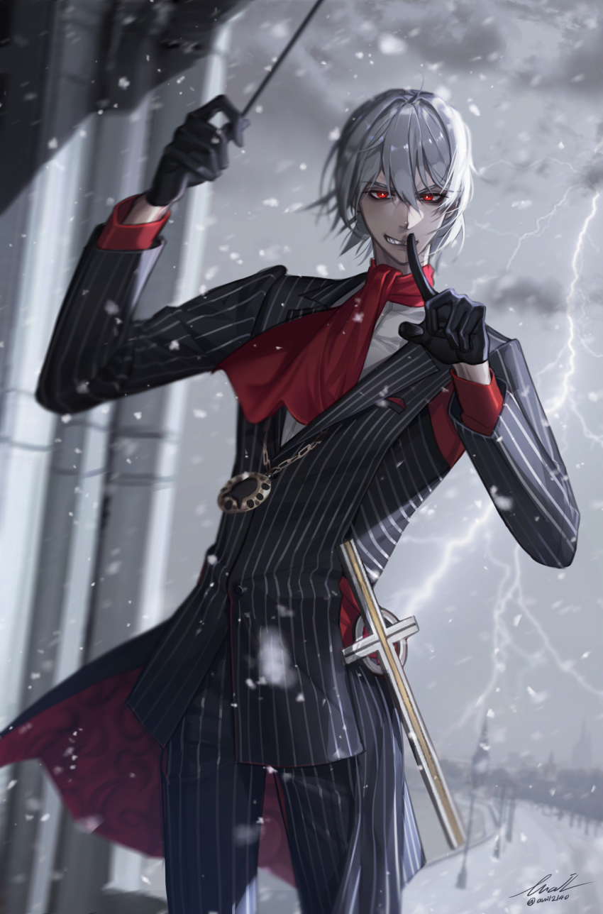 1boy antonio_salieri_(fate/grand_order) avril214 baton black_gloves bright_pupils cowboy_shot cravat fate/grand_order fate_(series) finger_to_mouth gloves grey_hair grin hair_between_eyes hair_intakes highres jewelry lightning looking_at_viewer male_focus necklace pinstripe_pattern red_eyes red_neckwear sharp_teeth signature smile snow solo striped striped_suit teeth twitter_username