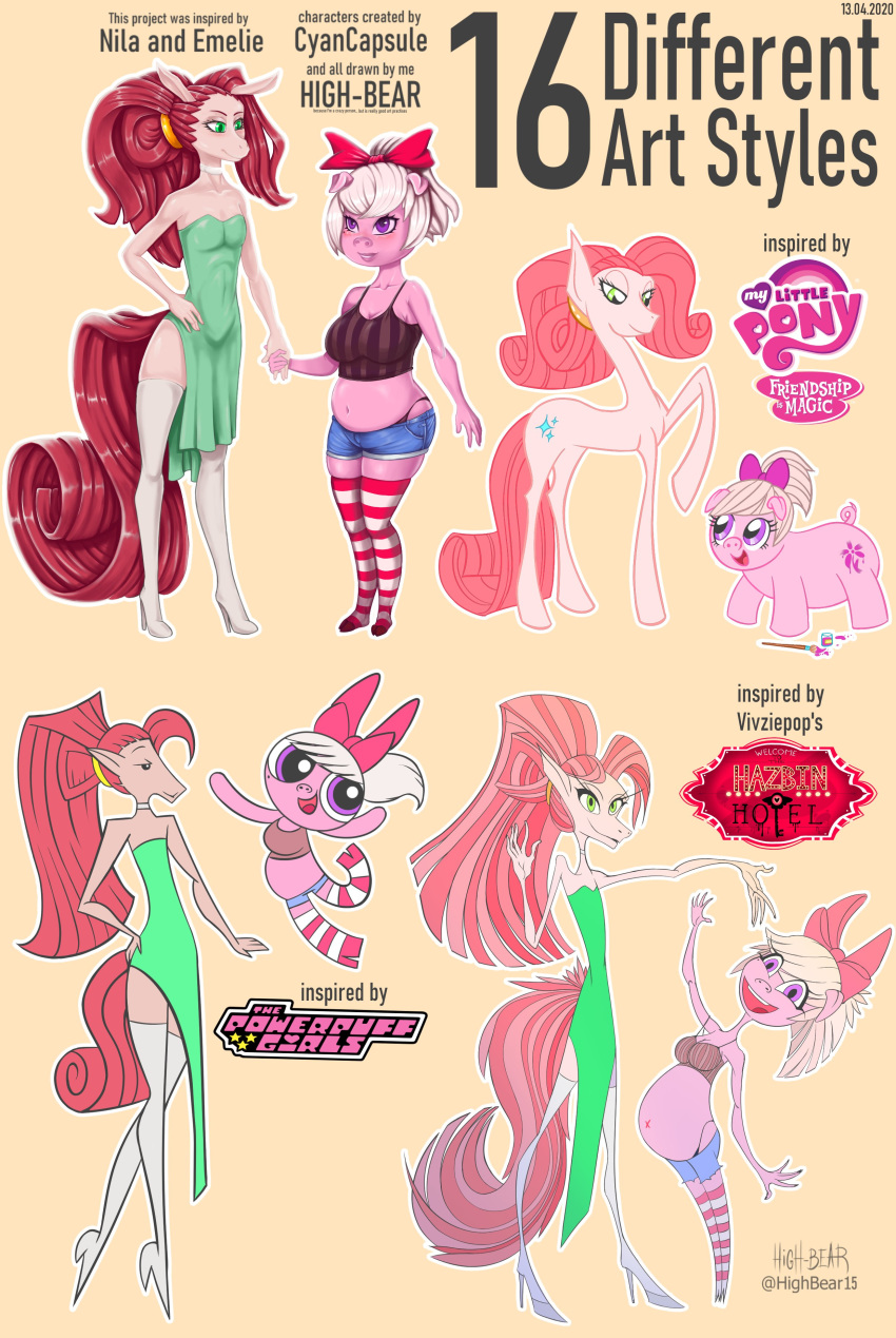 absurd_res accessory animal_humanoid anthro boots cartoon_network clothing different_artstyle different_styles domestic_pig dress emelie english_text equid equine female feral footwear friendship_is_magic green_eyes group hair hair_accessory hair_bow hair_ribbon hazbin_hotel hi_res high-bear high_heels hooves horse humanoid legwear light long_hair male mammal mammal_humanoid my_little_pony nila nila_(cyancapsule) pig_nose pigtails pink_body powerpuff_girls purple_eyes red_hair ribbons shoes shots stockings suid suina sus_(pig) text the_powerpuff_girls toony years