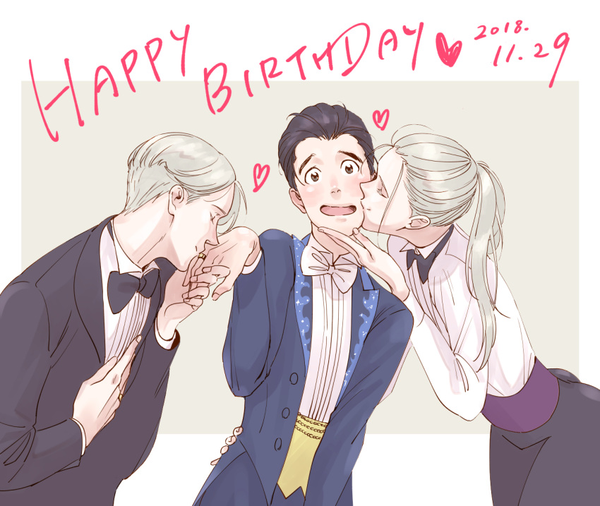 2018 3boys black_hair blazer bow bowtie brown_eyes cheek_kiss closed_eyes collared_shirt dated dual_persona hair_slicked_back hand_kiss hand_on_another's_chin hand_on_another's_hip happy_birthday heart jacket jewelry katsuki_yuuri kiss male_focus multiple_boys natsuno_(natsunosho) open_mouth ring shirt silver_hair teenage tuxedo viktor_nikiforov yaoi younger yuri!!!_on_ice