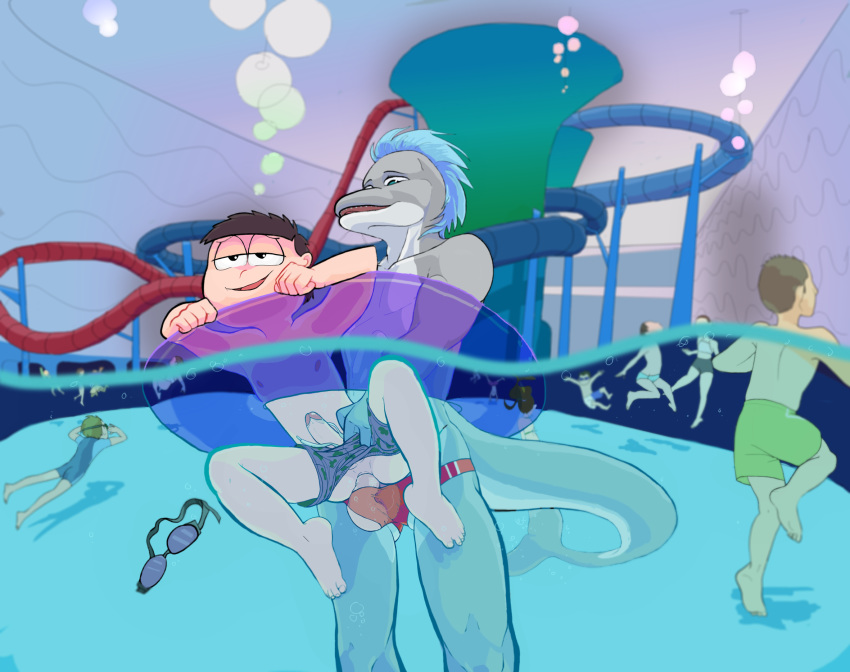 amusement_park anal anal_penetration animal_genitalia animal_penis anthro black_hair butt cetacean cetacean_penis clothed clothing delphinoid duo erection exhibitionism foreskin genitals hair hi_res human humanoid humanoid_genitalia humanoid_penis ichimatsu_matsuno inner_tube larger_male male male/male male_penetrated male_penetrating male_penetrating_male mammal marine mohawk_(hairstyle) mr._osomatsu nipples not_furry oceanic_dolphin open_mouth penetration penis prehensile_penis public sex size_difference speedo swimming swimwear toothed_whale triplecancer underwater water water_park zoop