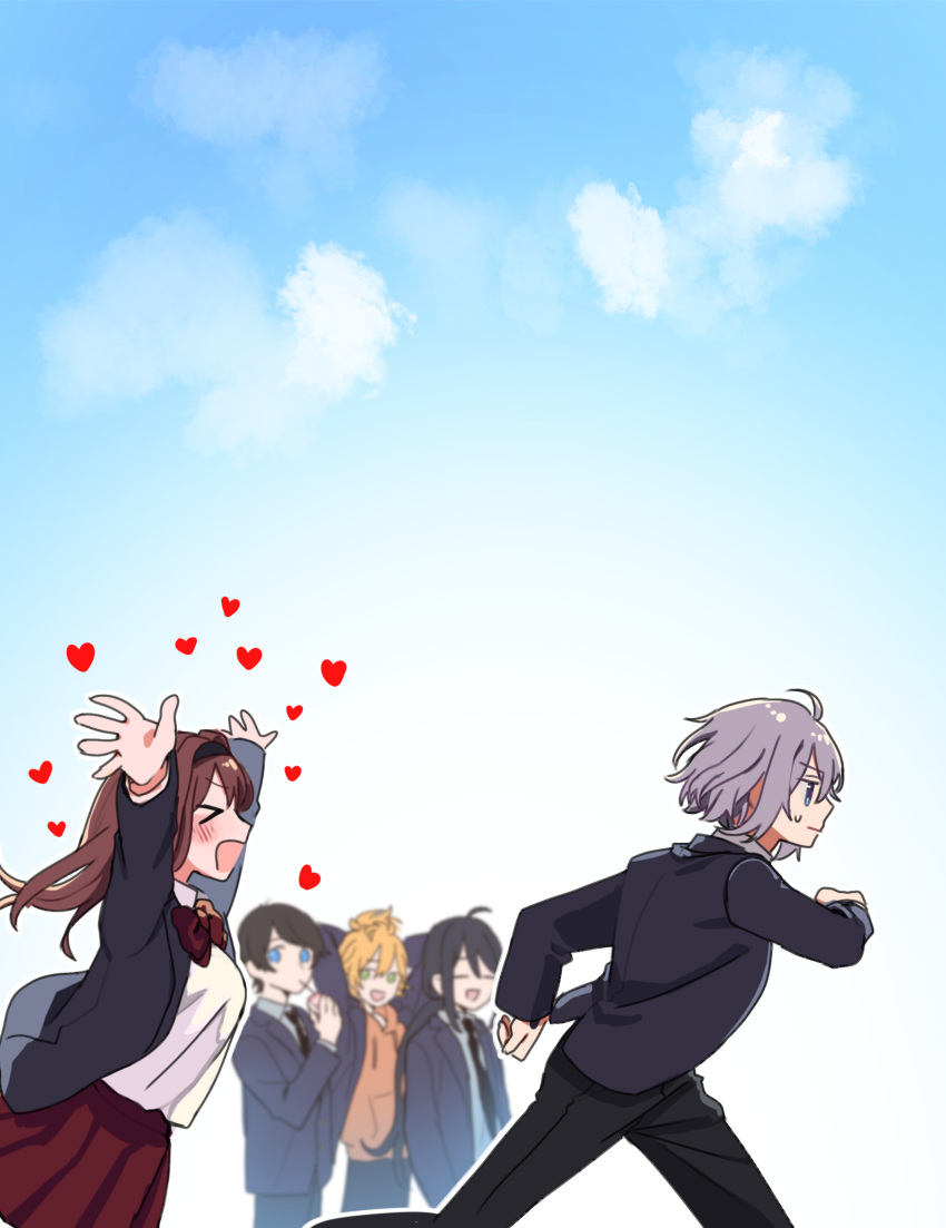 &gt;_&lt; 1girl 4boys absurdres ahoge arms_behind_head asuma_(hanezu) black_hair blazer blue_eyes blue_sky blush bow brown_hair chasing contemporary female_saniwa_(touken_ranbu) green_eyes heart highres honebami_toushirou horikawa_kunihiro jacket multiple_boys namazuo_toushirou necktie open_mouth orange_hair pleated_skirt purple_eyes running saniwa_(touken_ranbu) school_uniform silver_hair skirt sky smile touken_ranbu urashima_kotetsu