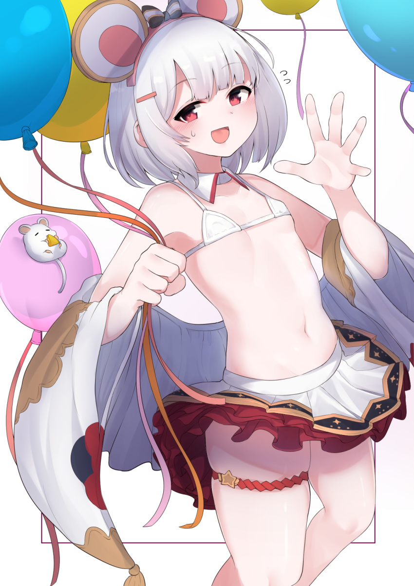 1girl animal_ears balloon bangs bare_shoulders bikini blush breasts cheese collarbone detached_collar food granblue_fantasy hair_ornament hairclip highres holding_balloon looking_at_viewer micro_bikini mouse mouse_ears navel open_mouth paingumi red_eyes shawl short_hair skirt small_breasts smile swimsuit thighs vikala_(granblue_fantasy) white_hair white_skirt