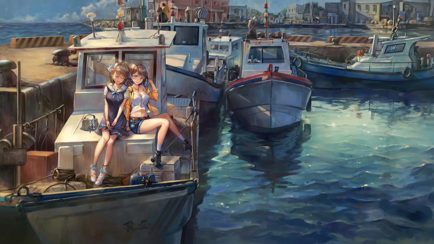 2girls absurdres ahoge bare_shoulders belt blue_dress blue_eyes blue_shorts boat breasts brown_hair cleavage closed_eyes crop_top day denim denim_shorts dress hair_ornament hairband hand_up harbor highres jacket jewelry large_breasts long_hair midriff multiple_girls multiple_others navel necklace ocean off_shoulder open_clothes open_jacket open_mouth original outdoors sailor_collar sailor_dress sandals scenery shirt shoes short_shorts short_sleeves shorts sitting smile socks strapless thighs water watercraft white_legwear white_shirt wide_shot yahiro_(666131415) yellow_jacket