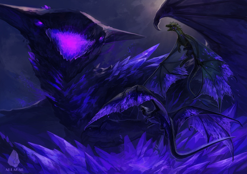 absurd_res allagar ambiguous_gender claws dragon feral group hi_res horn membrane_(anatomy) membranous_wings purple_theme scales scalie spines western_dragon wings