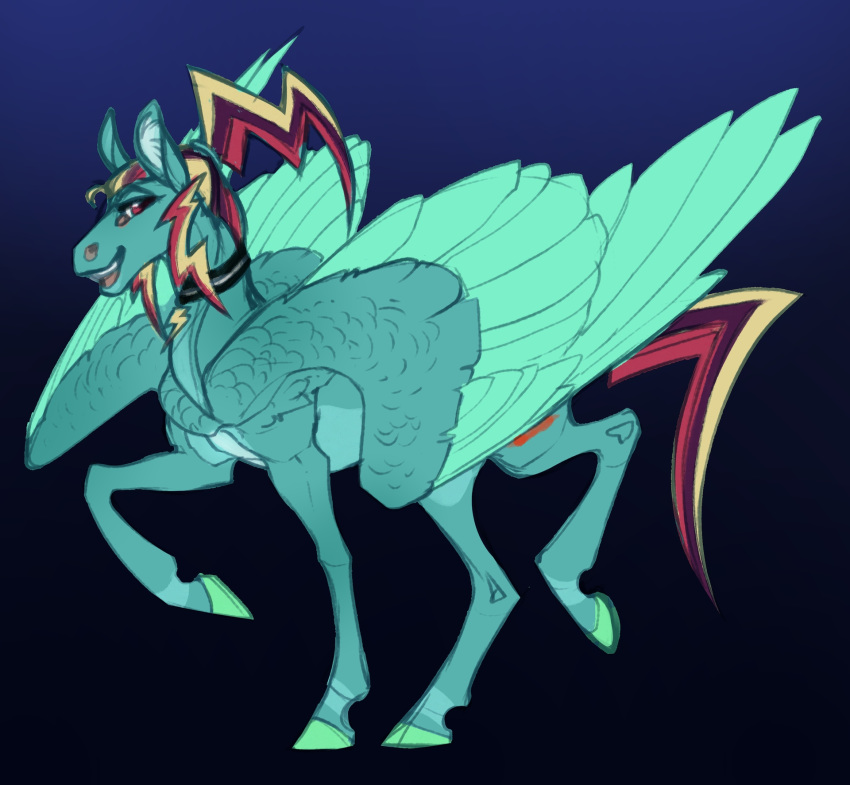 2020 ambiguous_gender digital_media_(artwork) equid equine feathered_wings feathers feral fur green_body green_feathers green_fur hi_res hooves mammal pterippus simple_background solo turnipberry wings