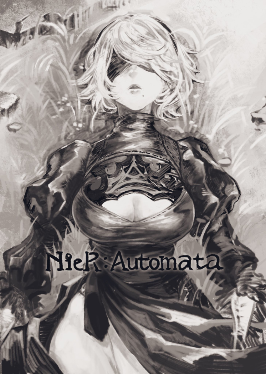 1girl blindfold breasts cleavage cleavage_cutout crack english_text grass greyscale hairband highres ito_(silva) leotard lying mole mole_under_mouth monochrome nier_(series) nier_automata on_back parted_lips puffy_sleeves rock short_hair solo turtleneck yorha_no._2_type_b