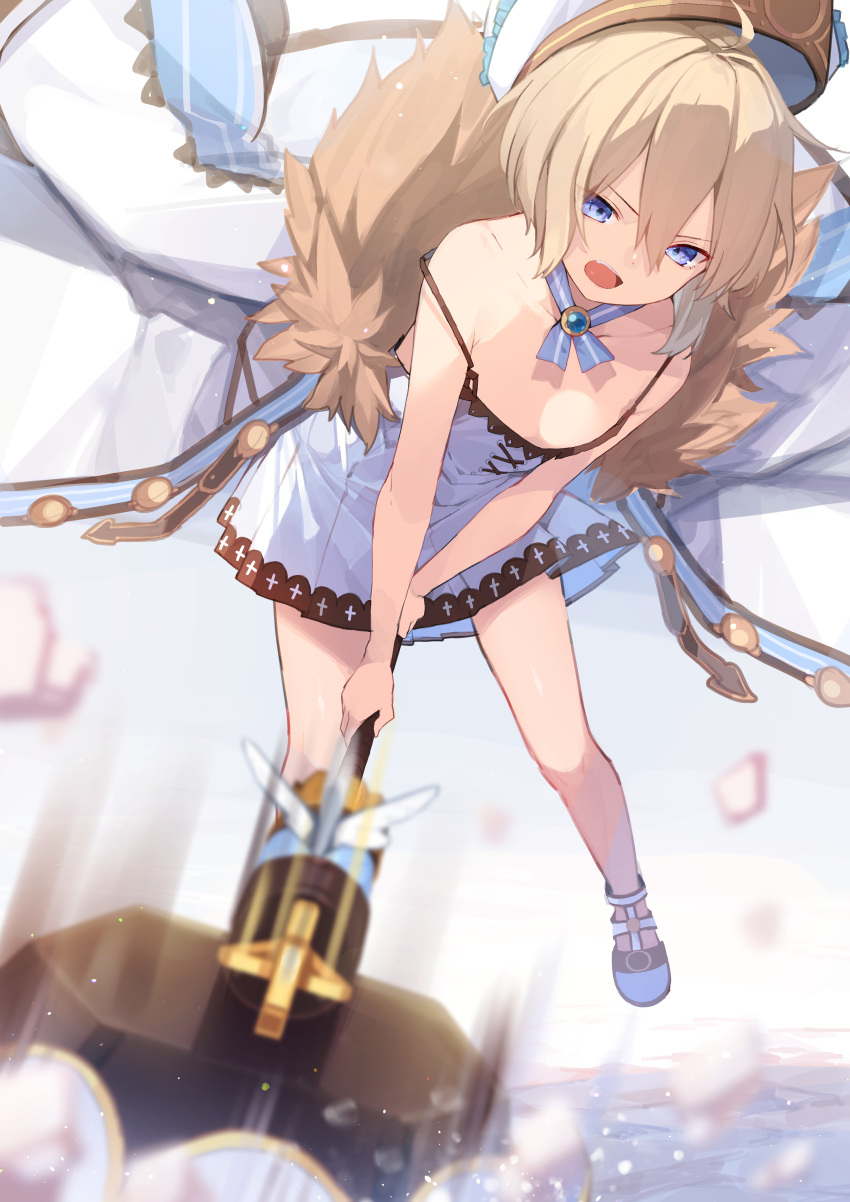 1girl absurdres angry bare_shoulders blanc blancpig_yryr blue_eyes brown_hair coat dress flat_chest fur_trim hair_between_eyes hat highres holding holding_hammer looking_at_viewer neptune_(series) open_mouth short_hair simple_background smile solo white_background white_dress