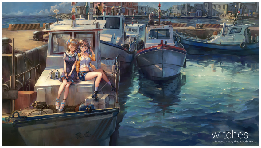 2girls absurdres ahoge bare_shoulders belt blue_dress blue_eyes blue_shorts boat border breasts brown_hair cleavage closed_eyes crop_top day denim denim_shorts dress english_text hair_ornament hairband hand_up harbor highres jacket jewelry large_breasts long_hair midriff multiple_girls multiple_others navel necklace ocean off_shoulder open_clothes open_jacket open_mouth original outdoors sailor_collar sailor_dress sandals scenery shirt shoes short_shorts short_sleeves shorts sitting smile socks strapless thighs water watercraft white_border white_legwear white_shirt wide_shot yahiro_(666131415) yellow_jacket