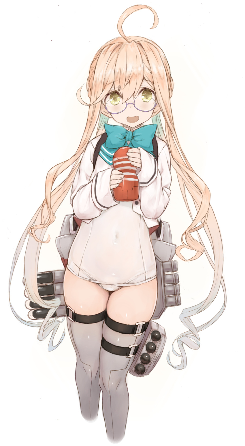 1girl absurdres ahoge alternate_costume aqua_neckwear blazer bow bowtie braid commentary_request cowboy_shot crown_braid glasses goekawa grey_legwear highres jacket kantai_collection long_sleeves looking_at_viewer makigumo_(kantai_collection) pink_hair remodel_(kantai_collection) revision school_swimsuit simple_background sleeves_past_wrists solo swimsuit tenga thighhighs torpedo_launcher twintails white_background white_school_swimsuit white_swimsuit