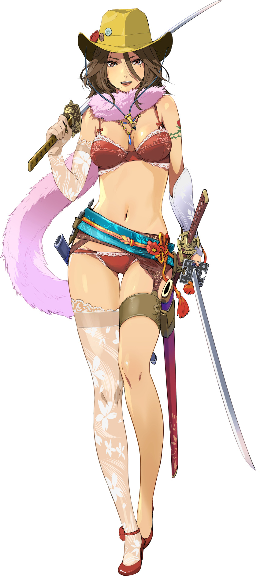 1girl absurdres arm_tattoo aya_(oneechanbara) bra brown_eyes brown_hair cowboy_hat dual_wielding elbow_gloves enami_katsumi flower_tattoo full_body fur_scarf gloves hair_between_eyes hat high_heels highres holding holding_sword holding_weapon holster jewelry katana long_hair looking_at_viewer mole mole_under_eye navel necklace official_art oneechanbara open_mouth panties red_bra red_footwear red_panties sheath sheathed simple_background single_glove single_thighhigh solo standing strappy_heels sword tattoo thigh_gap thigh_holster thighhighs underwear weapon white_background