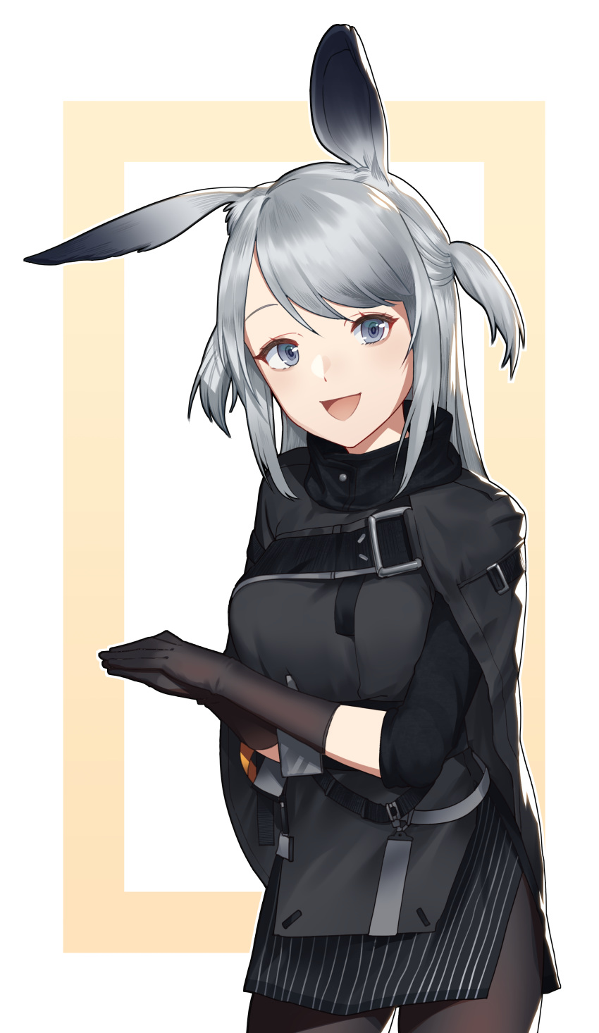 1girl absurdres animal_ears arknights asymmetrical_bangs bangs black_cloak black_gloves black_jacket black_legwear breasts bunny_ears cloak commentary cowboy_shot elbow_gloves eyelashes gloves hands_together highres jacket long_hair looking_at_viewer medium_breasts open_mouth orange_background pantyhose parted_bangs savage_(arknights) shinidei short_twintails silver_eyes silver_hair simple_background smile solo straight_hair striped swept_bangs turtleneck twintails two-tone_background vertical_stripes white_background