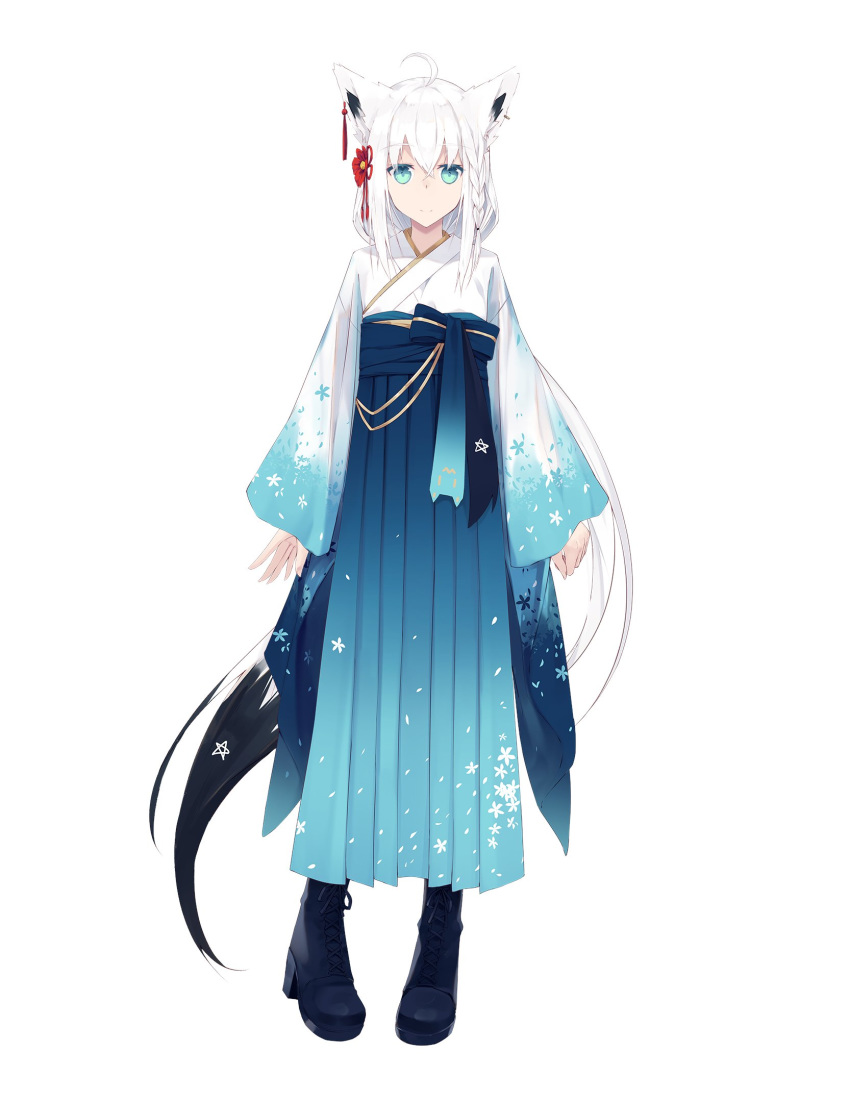 ahoge alternate_costume animal_ears boots braid eyebrows_visible_through_hair fox_ears fox_girl full_body hair_ornament highres hololive japanese_clothes looking_at_viewer nagishiro_mito official_art shirakami_fubuki single_braid star virtual_youtuber white_background white_hair