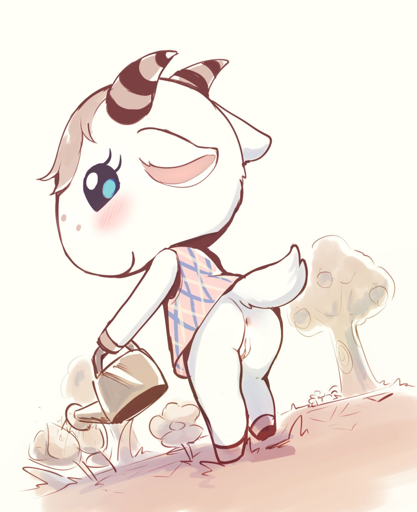amimalcrossin animal_crossing anthro anus bottomless bovid butt caprine chevre_(animal_crossing) clothed clothing dress female genitals goat hi_res mammal nintendo no_underwear outside pussy solo upskirt video_games watering_can