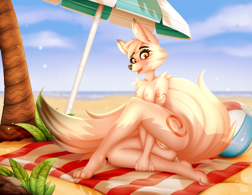 amaterasu anthro ball beach_ball black_eyebrows black_eyelashes blue_sky breasts butt canid canine canis capcom cloud day deity eyebrows female fur genitals looking_at_viewer mammal nipples nude omiart on_towel open_mouth open_smile pussy sand sky smile solo towel video_games wolf ōkami