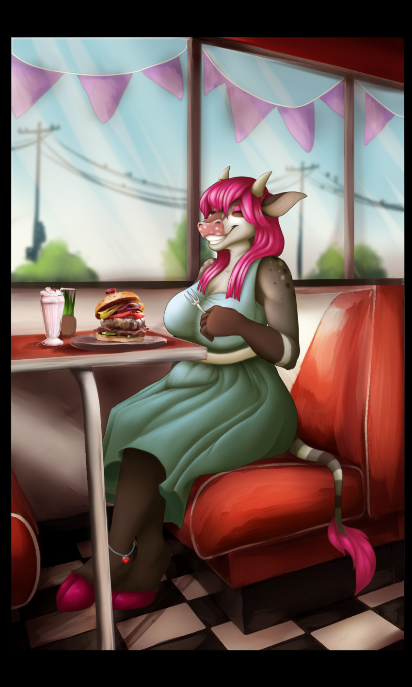 3:5 anthro big_breasts black_border border bovid bovine bracelet breasts burger cattle clothed clothing cutlery dagernice dress dunnowhattowrite female food fork hair hi_res hooves horn jewelry kitchen_utensils mammal milkshake pasia pink_hair restaurant solo tools vintage