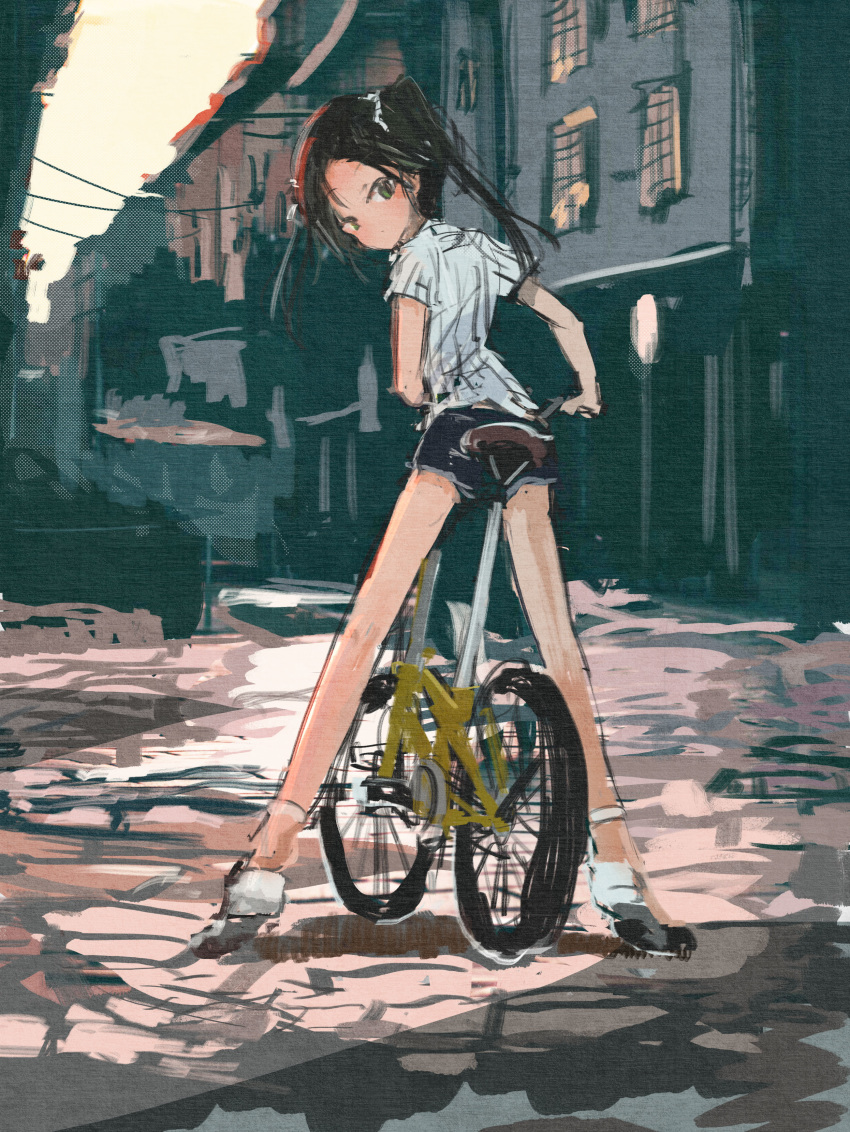 1girl absurdres alternate_costume bicycle black_hair blush building city denim denim_shorts francesca_lucchini green_eyes ground_vehicle hair_ribbon highres kabuyama_kaigi long_hair looking_back ribbon road short_shorts shorts sketch solo street strike_witches texture twintails world_witches_series
