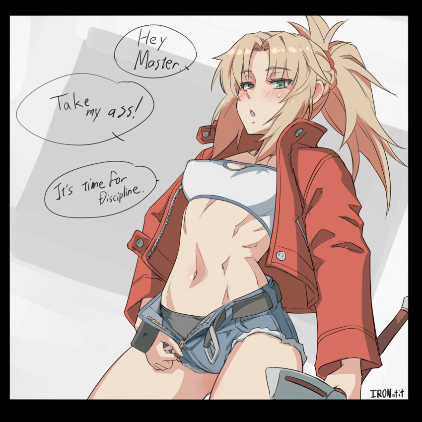 1girl bangs black_panties blonde_hair clarent covered_nipples cutoffs denim denim_shorts edited english_text fate/apocrypha fate_(series) green_eyes highres holding holding_sword holding_weapon jacket mikoyan mordred_(fate) mordred_(fate)_(all) navel open_clothes open_fly open_shorts panties ponytail shorts solo stomach sword third-party_edit underwear weapon zipper