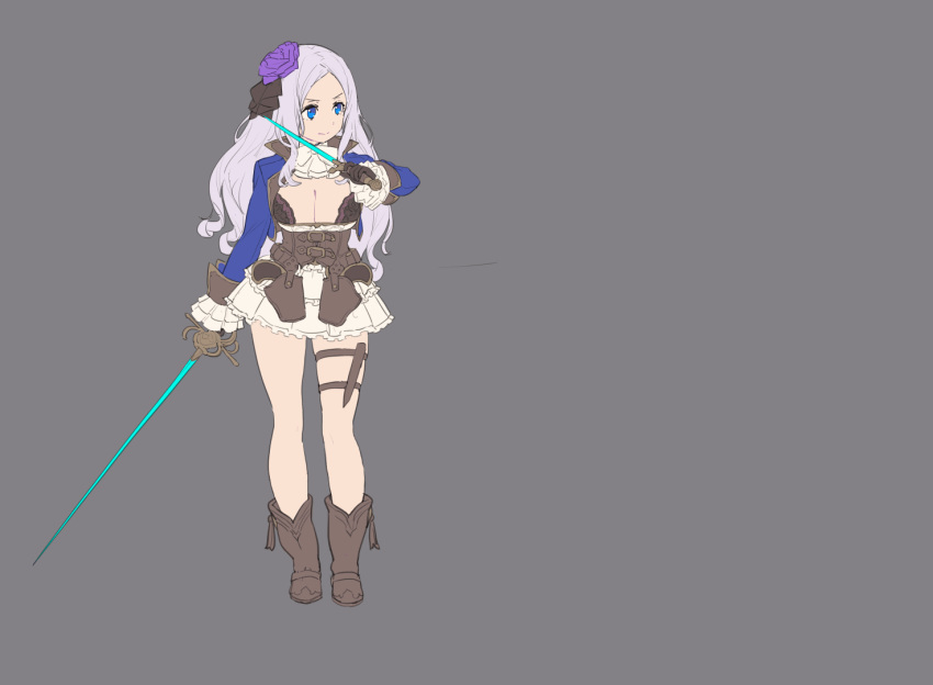 1girl ankle_boots ascot attack blue_eyes blue_jacket boots bouncing_breasts bow bowtie breasts brown_footwear cleavage cropped_jacket dual_wielding flower hair_flower hair_ornament high_heel_boots high_heels holding holding_sword holding_weapon jacket large_breasts long_hair long_sleeves nagisa_kurousagi open_clothes open_jacket open_mouth original purple_flower purple_hair simple_background skirt slashing smears sword underbust weapon white_bow white_neckwear white_skirt